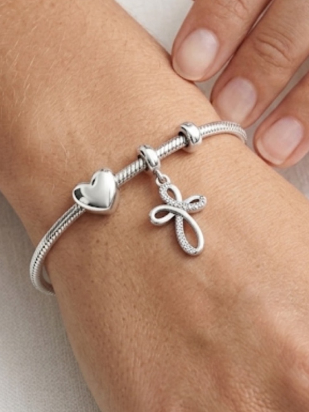 925 Sterling Silver Infinity Cross Dangle Charm Clear CZ - Bracelet / Necklace